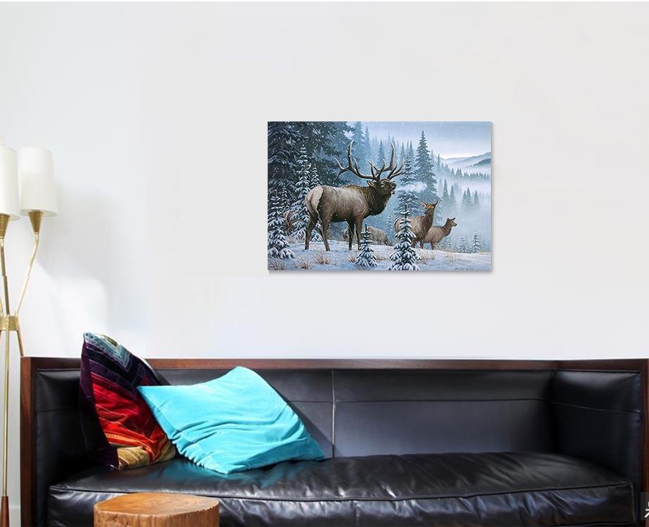 Elk Family In Snow Pine Tree Landscape Fashion Deer - Animal Canvas Art Wall Decor