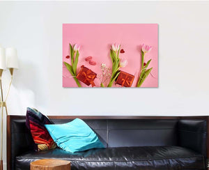 Valentines Day Background Pink Tulips Red - Canvas Art Wall Decor
