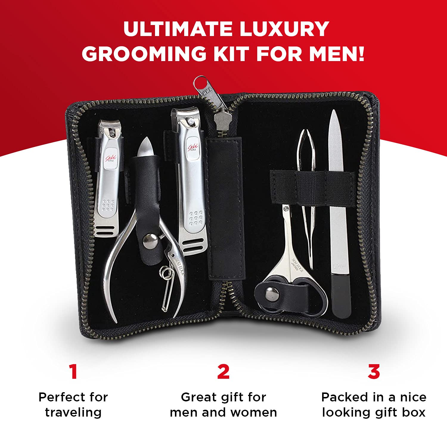 Seki Edge Craftsman Luxury Mens Grooming Kit (SS-3103) - 6 Piece Premium Manicure & Pedicure Nail Kit with Nail Clippers, Nail Nipper, Nose Scissors, Nail File, & Tweezers in Travel Case