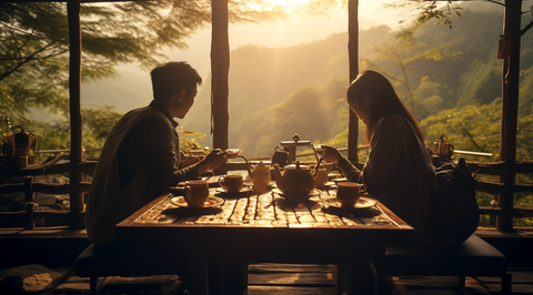 2 heathly people drinking Chamomile tea on wood table, chaidim teahouse ambiance, open window ambiance