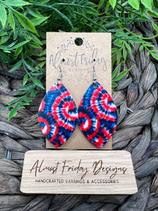 Genuine Leather Earrings - Red - Blue - Patriotic Earrings - Tie Dye - 4th of July - Leaf Cut - Independence Day - USA - Olympics