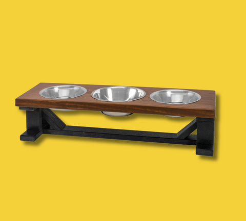 Chestnut colored dog elevated feeder with yellow background