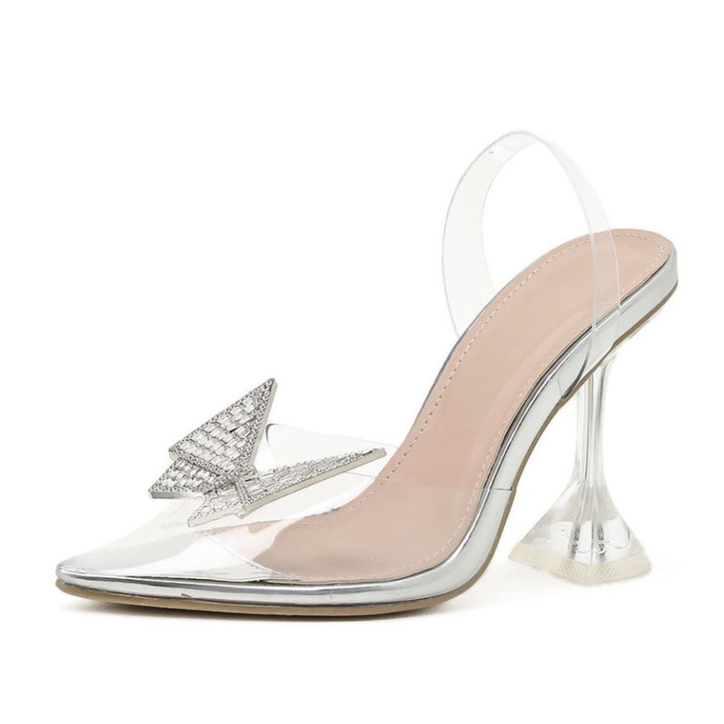 Sparkly Rhinestone Pointed Toe Slingback PVC Butterfly Heels - Silver ...