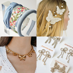 Four images showing headbands, earrings, necklaces and butterflies.