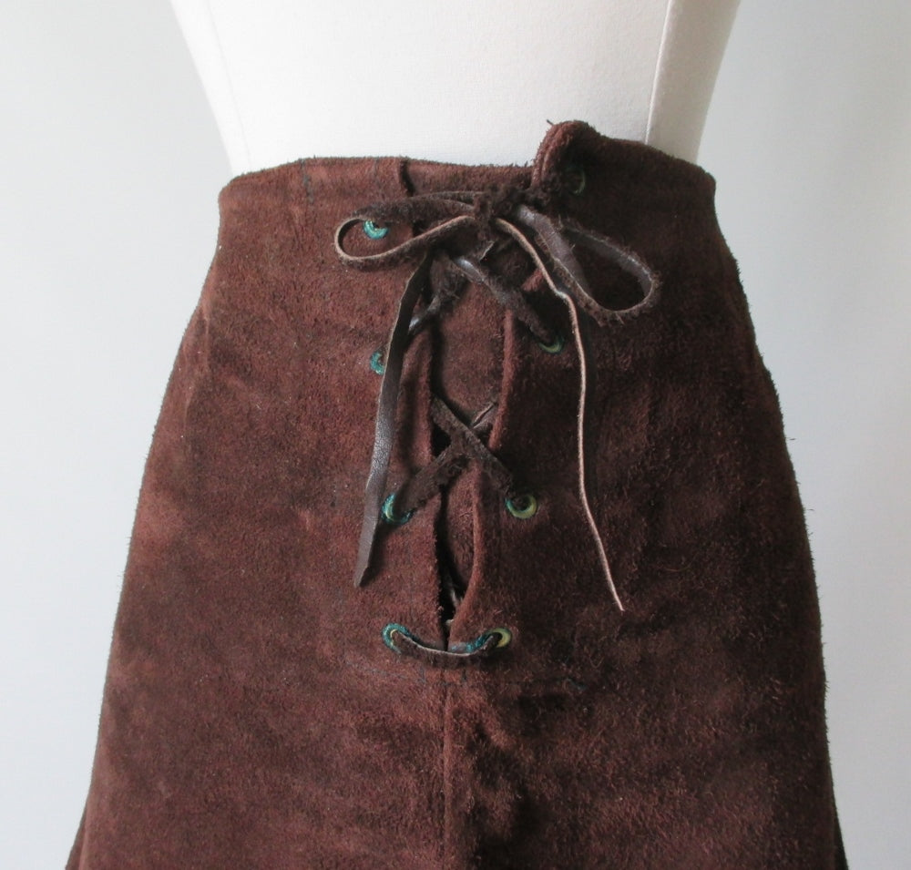 Vintage 60's 70's Brown Suede Leather Lace Front Mini Skirt M