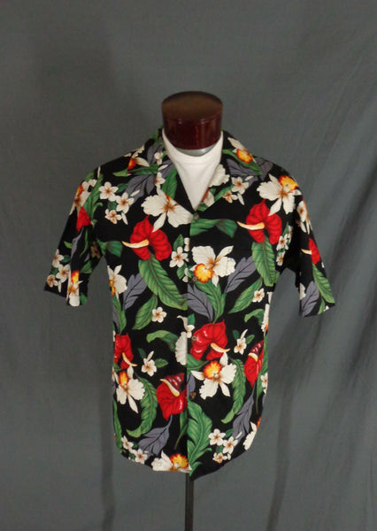 Vintage Aloha Republic Black Tropical Floral Print Hawaiian Shirt - La ...