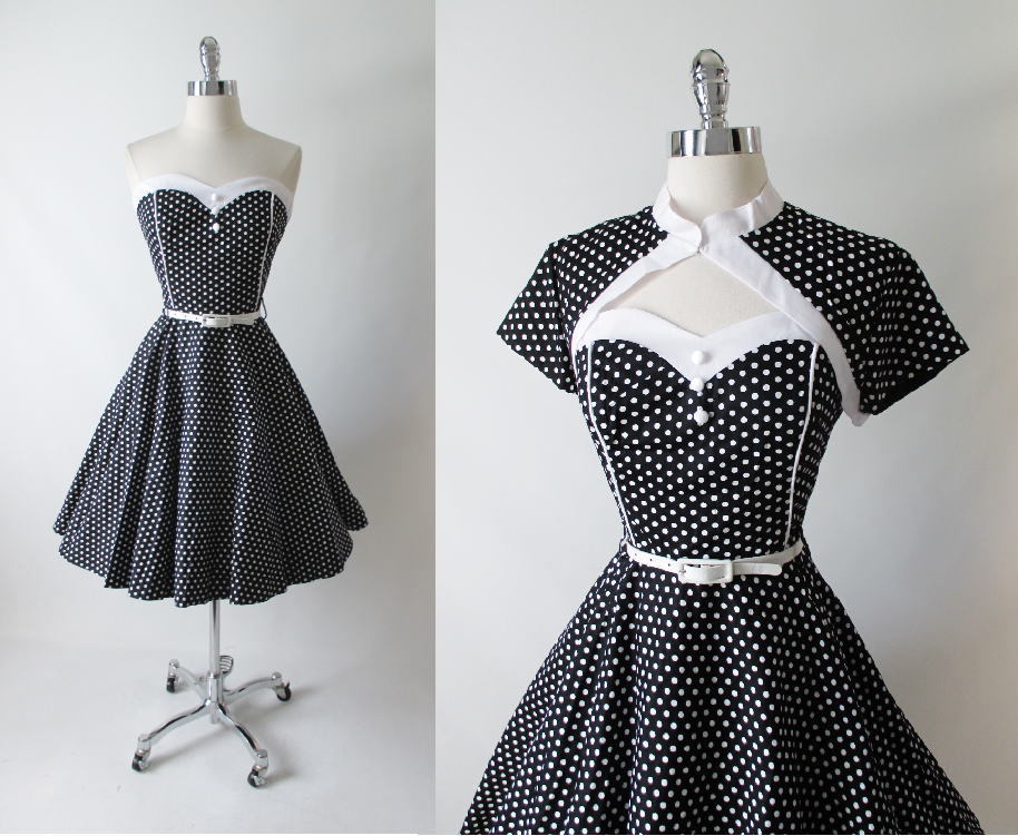 Vintage 50's Look Strapless Black White Polka Dot Full Circle Skirt ...