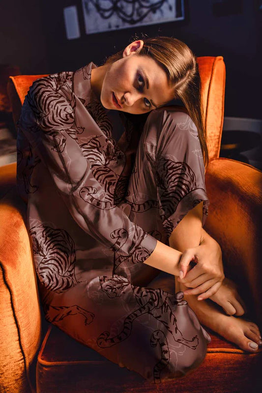 Lila Tiger Print 2-Piece Women's Satin Pajama Set from 'Averie Sleep
