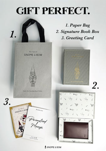 Gnome & Bow Wallet Packaging Personalised Greeting Card Book Box Paper Bag - Gift Perfect Flay Lay