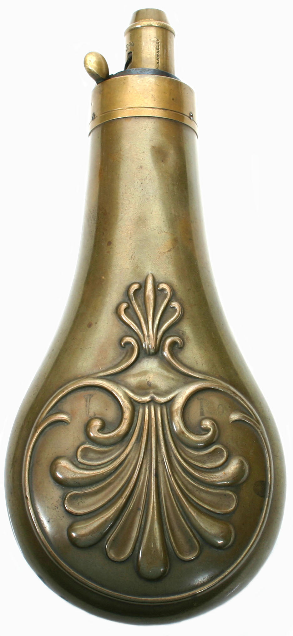 Circa 1830870, Antique Brass, Black Powder Flask, Dog Hunting Pheasants -   Israel