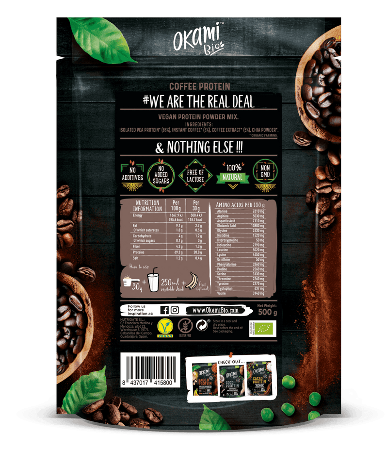 OKAMI BIO Coffee & Pea Protein 69%, 500g Protein, Organic, Vegan