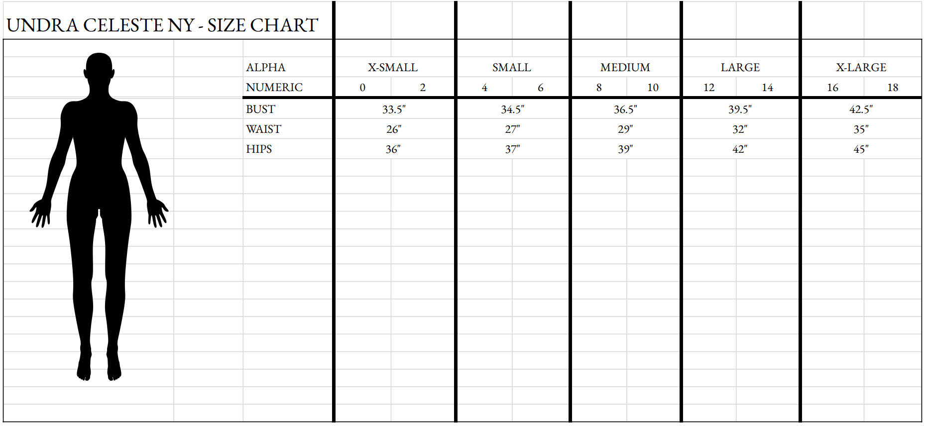 undra celeste ny size chart