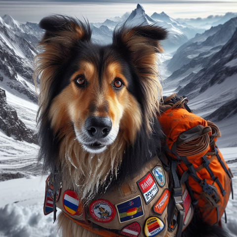 Dog wearing a backpack and jacket with patches in the snowy mountains
