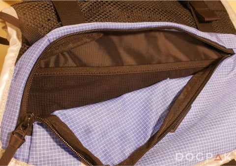 Inside of DOGPAK Moab Lite dog backpack showing mesh liner