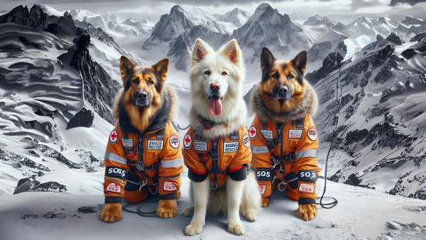 Three handsome SOS dogs working avalanche rescue in the snowy mountains