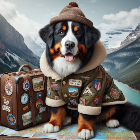 Dog wearing a coat with many patches while traveling in the mountains with a suitcase