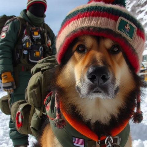 A rescue dog in the mountains with the handler