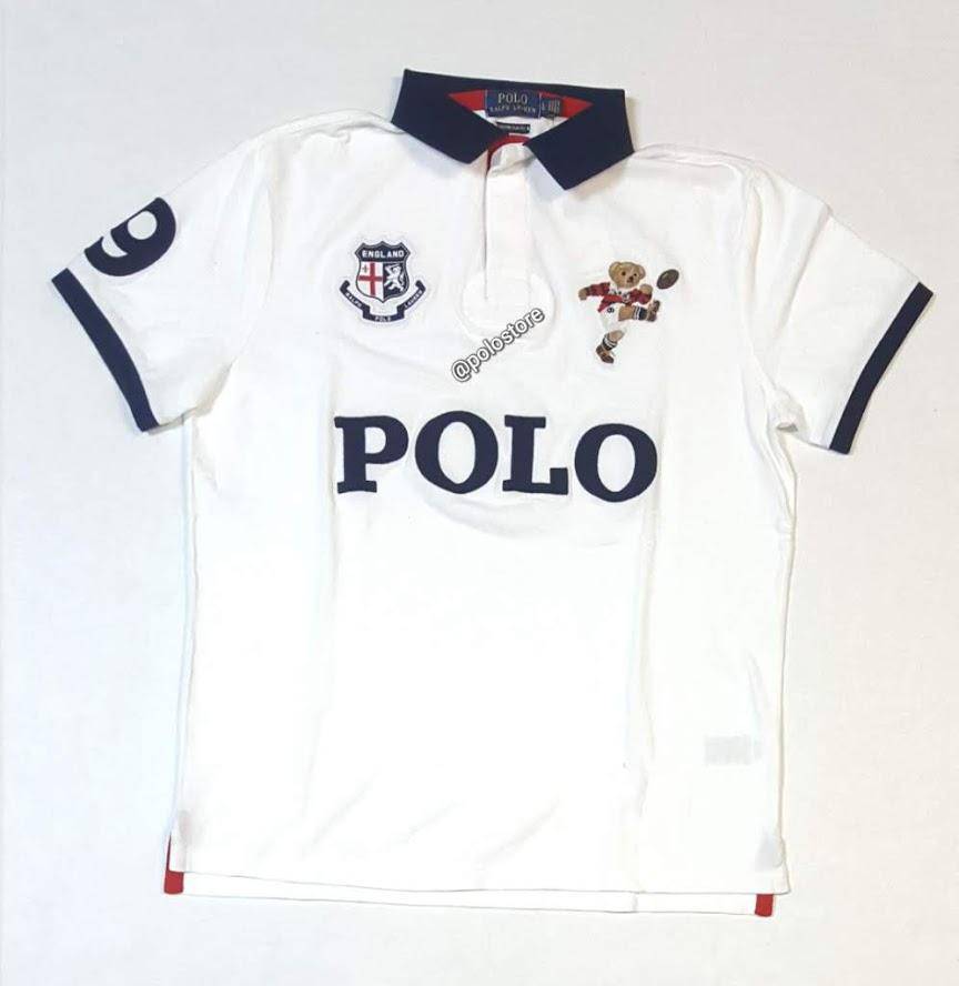 Nwt Polo Ralph Lauren White Kicker Bear England Custom Slim Fit Polo ...
