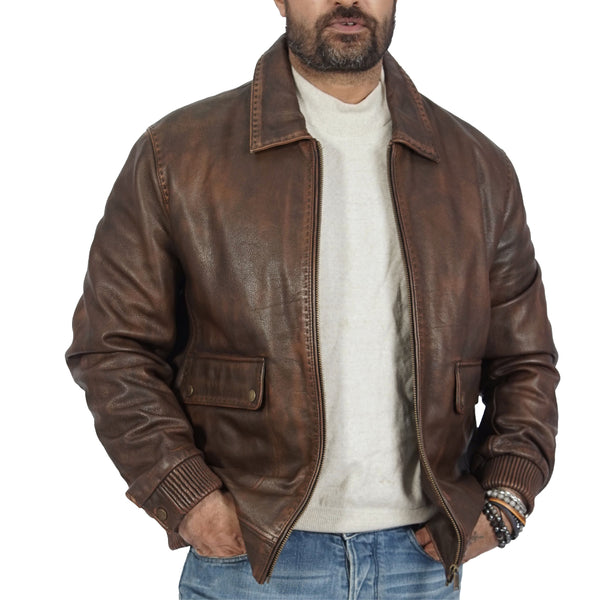 a man wearing  Callister Vintage Bomber Dark Brown Leather Jacket