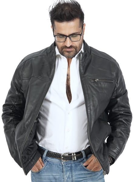 a man wearing George Classic Black Leather Jacket