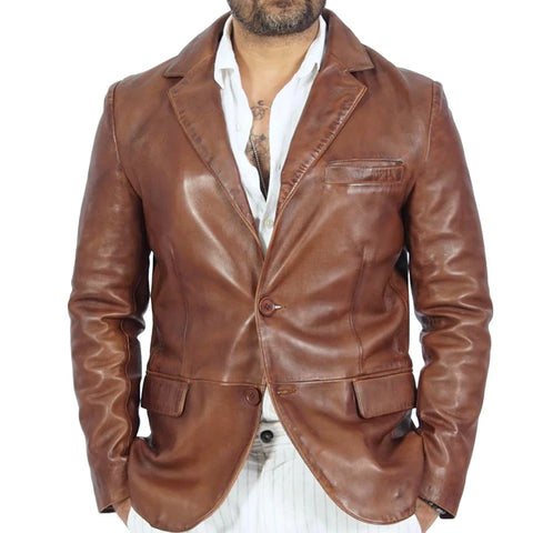 a man wearing Blazer Harper Brown Leather Jacket