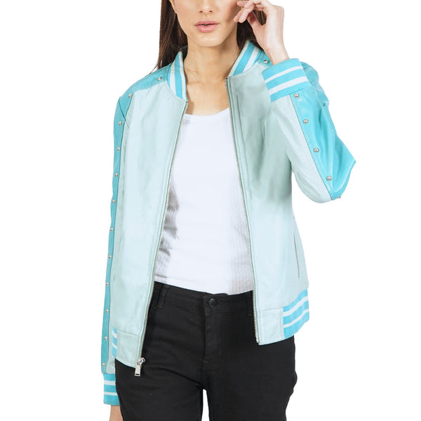 Varsity Turquoise Bomber Leather Jacket