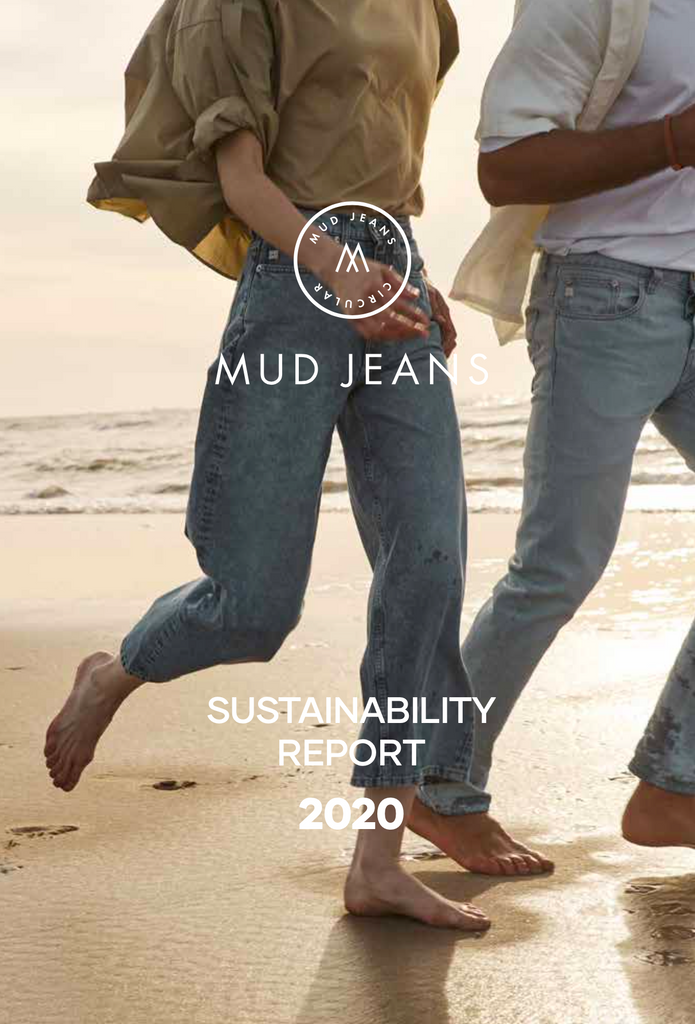 MUD Jeans Sustainability Report 2020 with a woman at the beach dressed in denim in the background