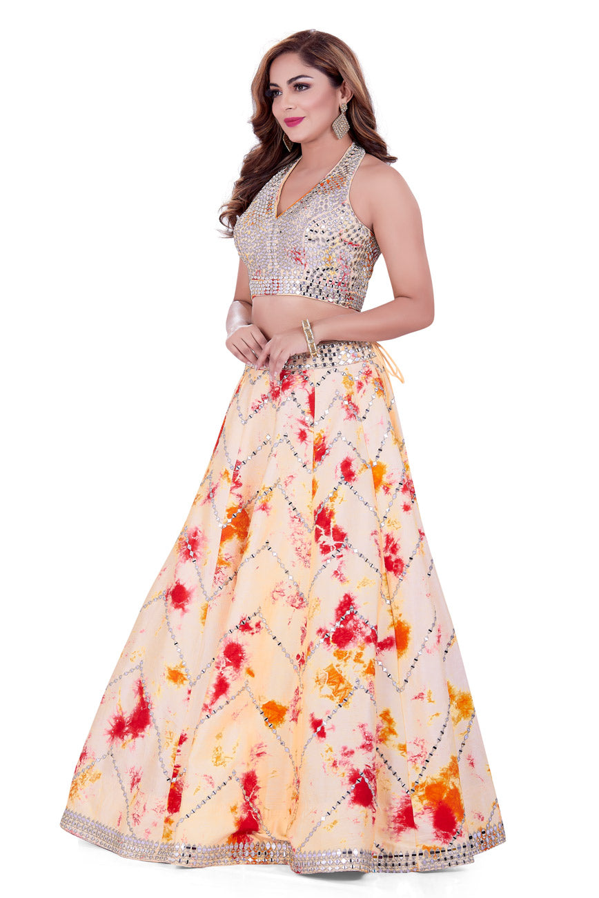 Women Peach Pink Tie Dye Lehenga Drape Ruffle Saree with Blouse Piece–  Inddus.in