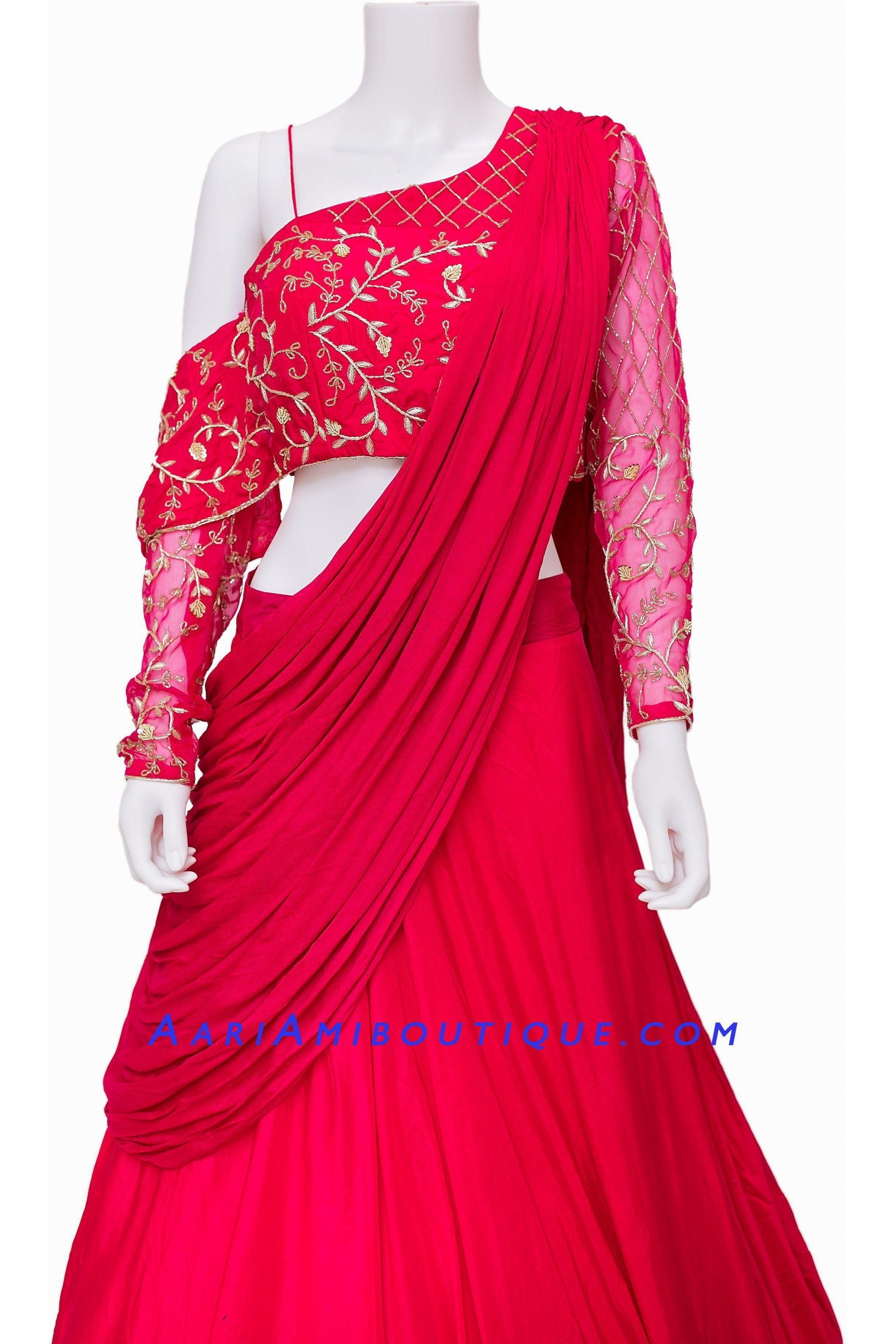 Hot Pink Lehenga with One Shoulder Blouse and attached Drape Dupatta 2