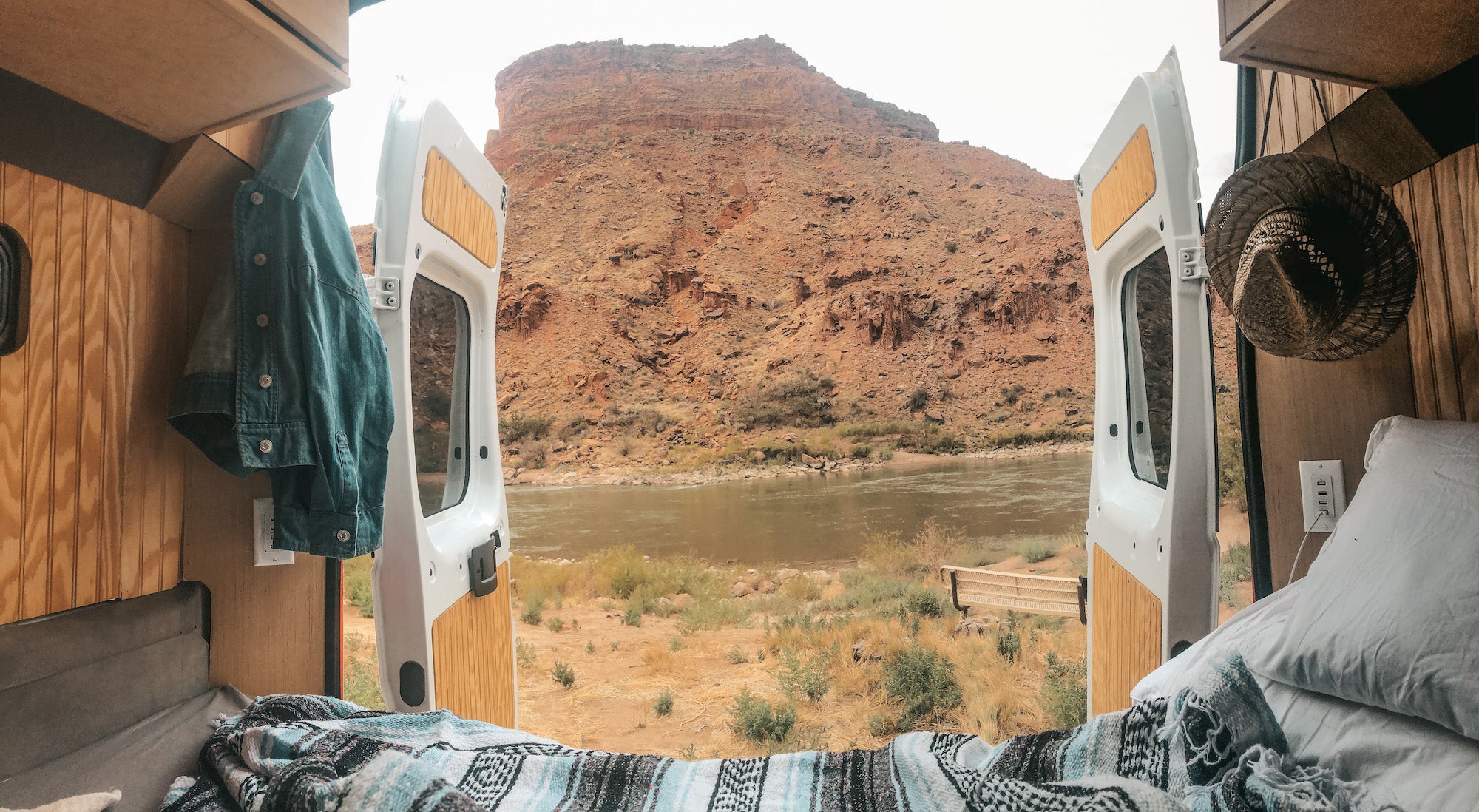 view from campervan bed in moab