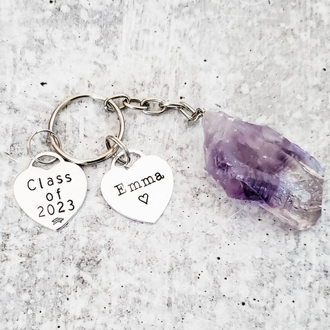 Purple Amethyst Keychain with Class of 2023 and Name