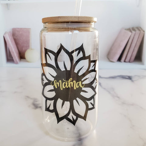 Mama SUnflower Glass Can Cup