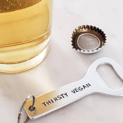 Thirsty vegan aluminum bottle opener with beer glass