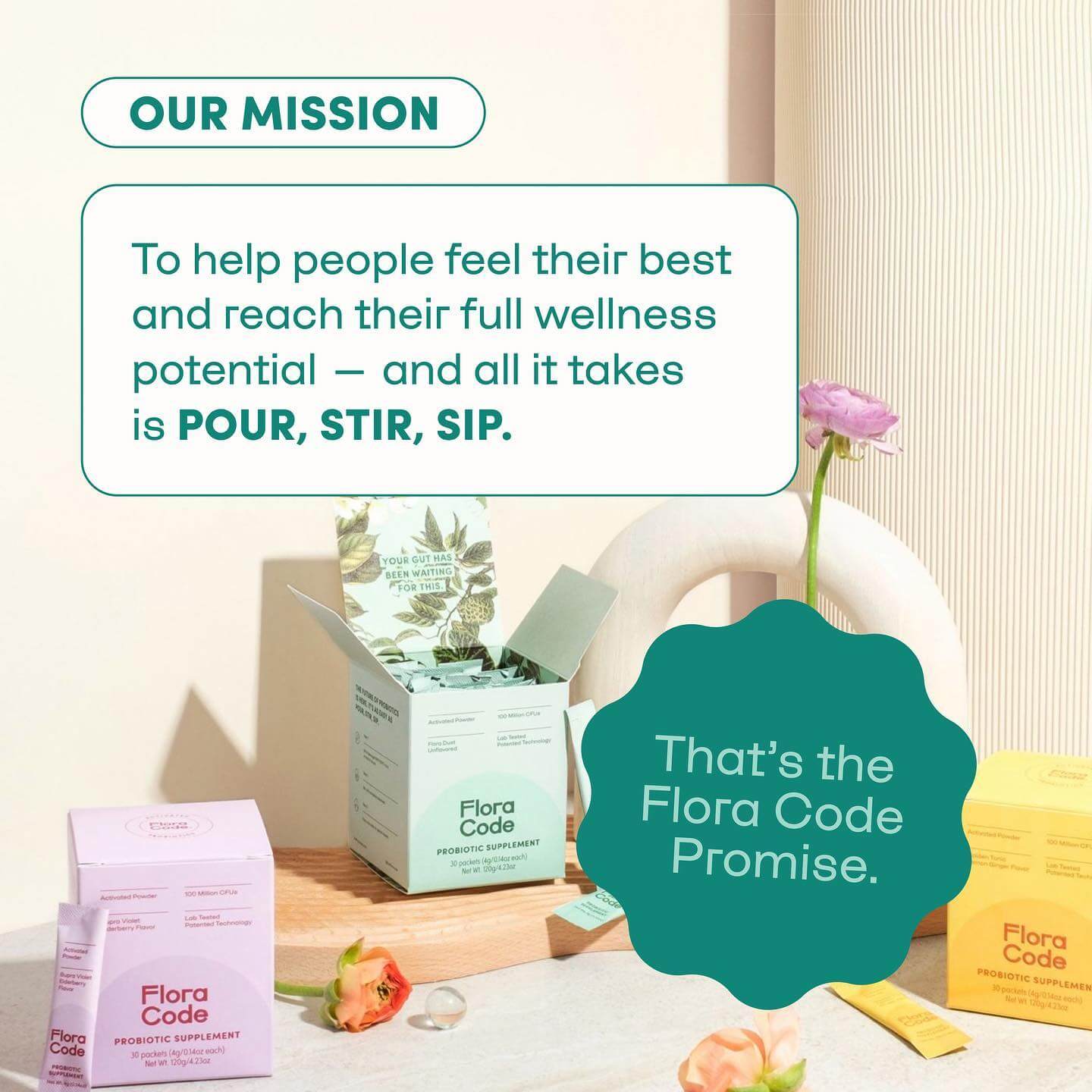 flora code's mission - to transform gut health with a pour, stir, sip.