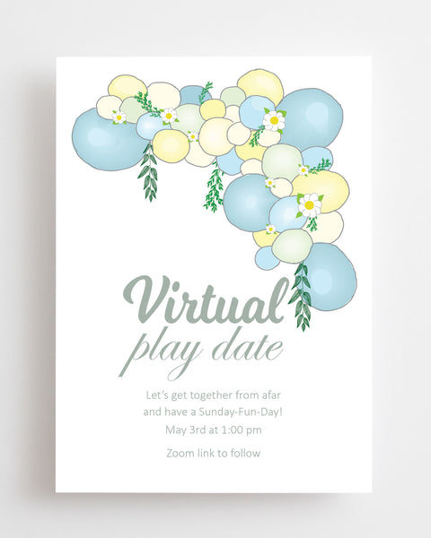 blue yellow green balloon theme kids party invitation