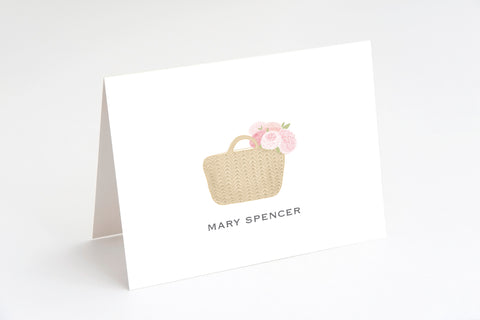 note card with pink flowers in straw tote illustration