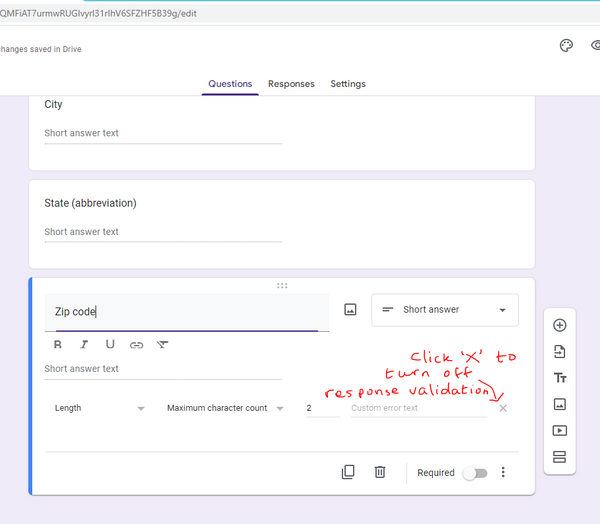 turning off response validation in google forms