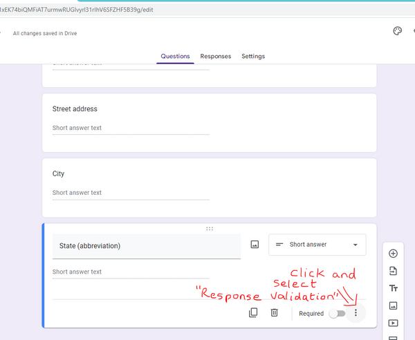 google forms response validation