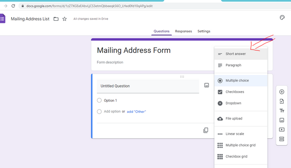 google form builder screenshot showing how to choose question format
