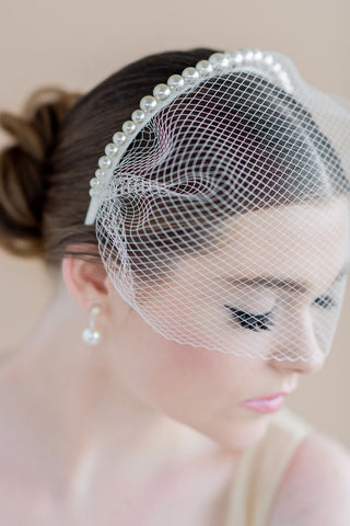 small vintage inspired birdcage veil with pearl headband attached - made in toronto ontario canada by blair nadeau bridal adornments
