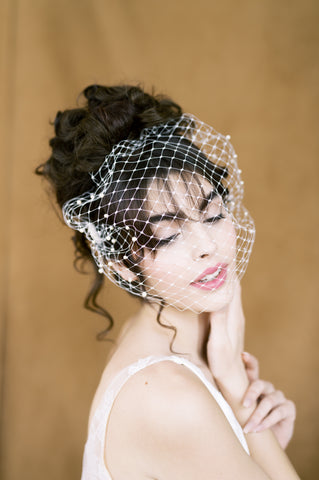 pearl birdcage bandeau wedding veil in russian merry widow veil - made in toronto ontario canada by Blair Nadeau Bridal