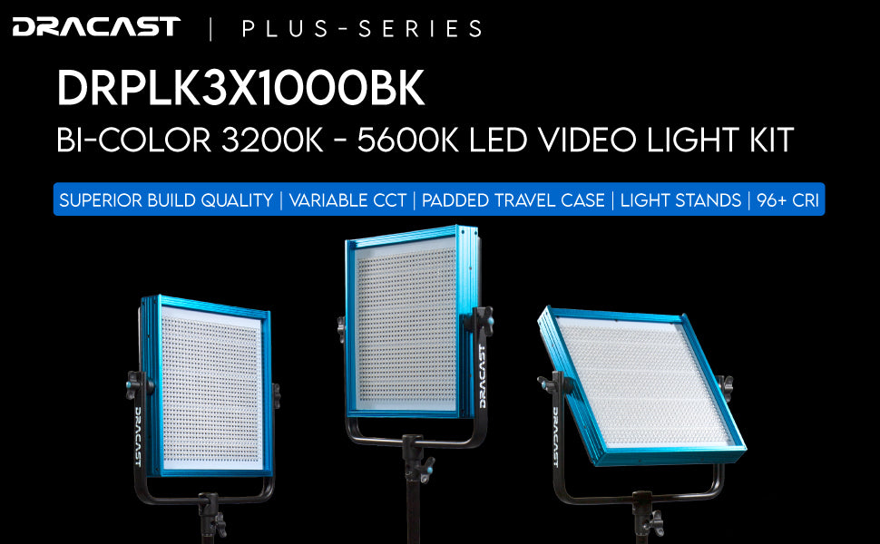 Dracast Plus Series LED1000 Bi-Color LED 3 Light Kit with V-Mount and Gold Mount Battery Plates and Light Stands