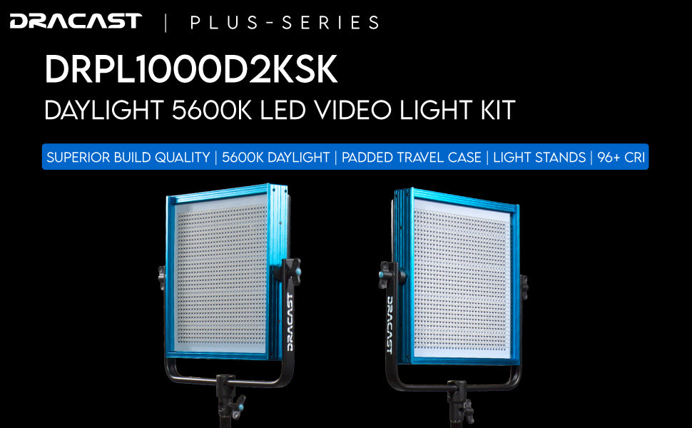 Dracast Plus Series LED1000 Daylight LED 2 Light Kit with V-Mount and Gold Mount Battery Plates and Light Stands