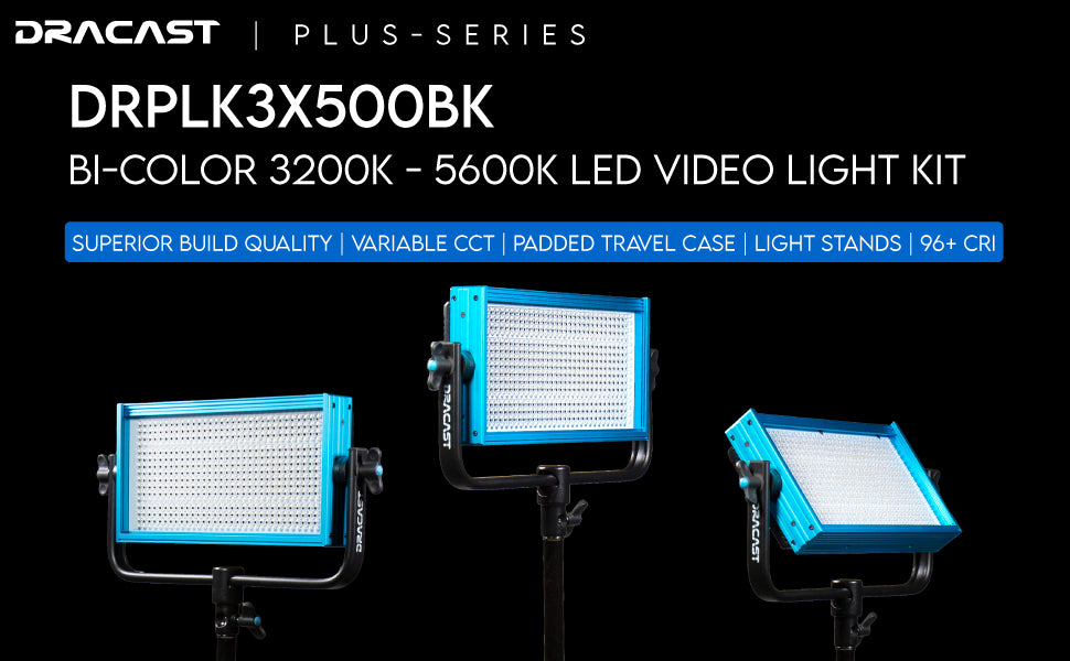 Dracast Plus Series LED500 Bi-Color LED 3 Light Kit with V-Mount and Gold Mount Battery Plates and Light Stands