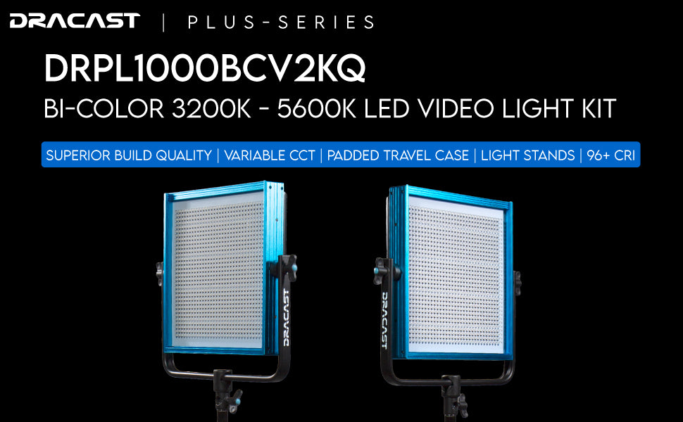 Dracast Plus Series LED1000 Bi-Color LED 2 Light Kit with V-Mount and Gold Mount Battery Plates and Light Stands