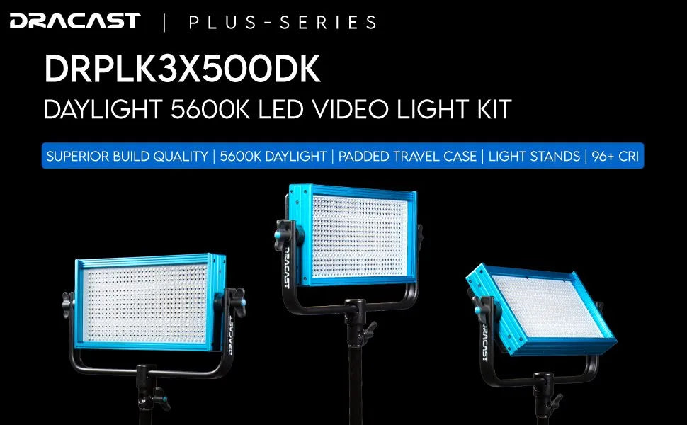 Dracast Plus Series LED500 Daylight LED 3 Light Kit with V-Mount and Gold Mount Battery Plates and Light Stands