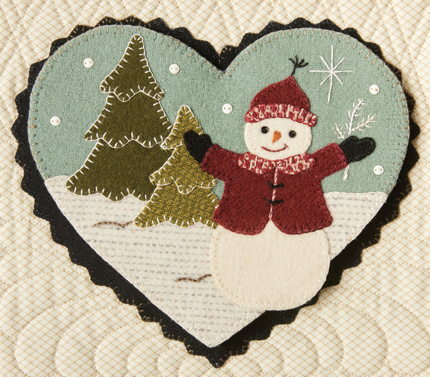 Wool Applique Pattern Kit Christmas Just Starting to Snow Again wall  hanging winter folk art snowflake chickadees bird