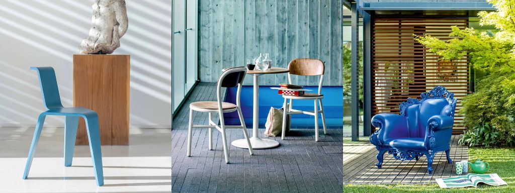 light blue Wood Stool AKA by Magis on the left, in the middle the Stackable Chair PIPE with wood end white elements and on the right a blue Outdoor Armchair PROUST by Magis