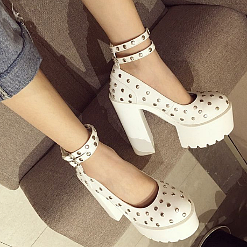 White Studded Platform Shoes with Ankle Straps