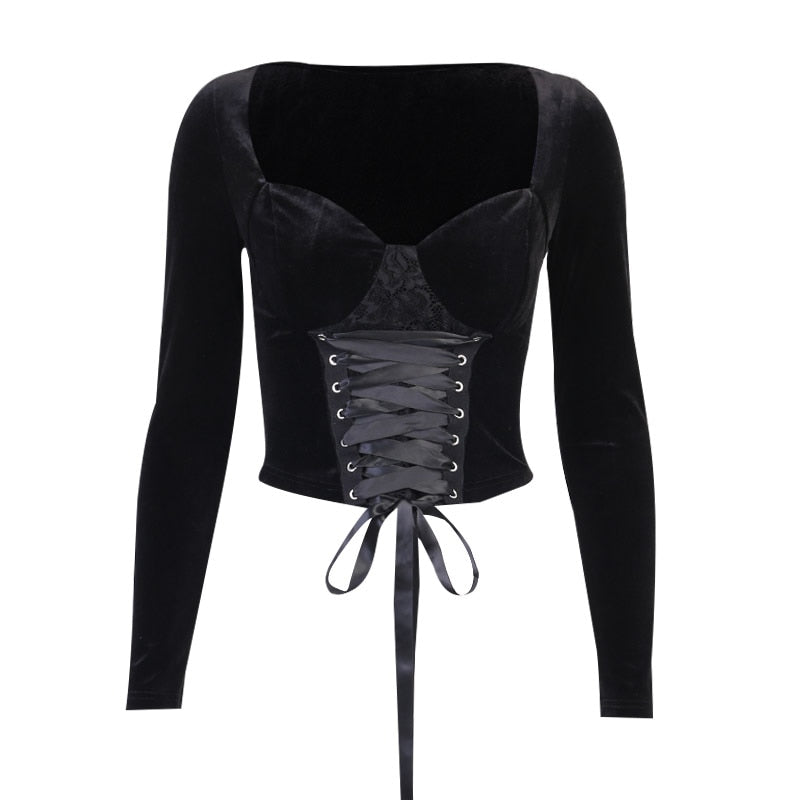 Gothic Long Sleeve Suede Corset Top